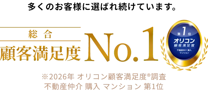 多くのお客様に選ばれ続けています。 顧客満足度 No.1 ※2026年 オリコン顧客満足度®調査 不動産仲介 購入 マンション 第1位