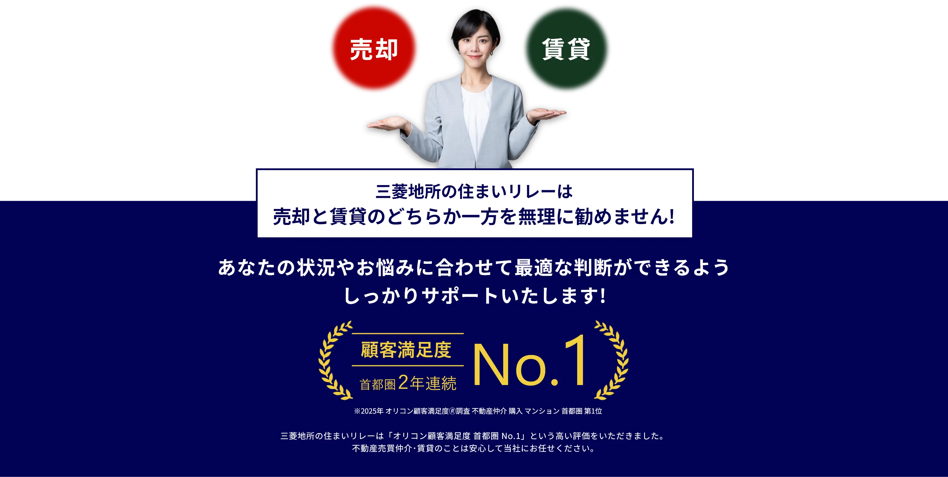 三菱地所の住まいリレーは売却と賃貸のどちらか一方を無理に勧めません! あなたの状況やお悩みに合わせて最適な判断ができるようしっかりサポートいたします! 顧客満足度首都圏2年連続No.1 ※2025年 オリコン顧客満足度🄬調査 不動産仲介 購入 マンション 首都圏 第1位 三菱地所の住まいリレーは「オリコン顧客満足度 首都圏 No.1」という高い評価をいただきました。 不動産売買仲介･賃貸のことは安心して当社にお任せください。