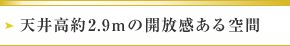 天井高約2.9ｍの開放感ある空間