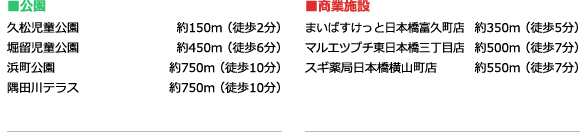■公園 久松児童公園 約150m（徒歩2分） 堀留児童公園 約450m（徒歩6分） 浜町公園 約750m（徒歩10分） 隅田川テラス 約750m（徒歩10分） ■商業施設 まいばすけっと日本橋富久町店 約350m（徒歩5分） マルエツプチ東日本橋三丁目店 約500m（徒歩7分） スギ薬局日本橋横山町店 約550m（徒歩7分）